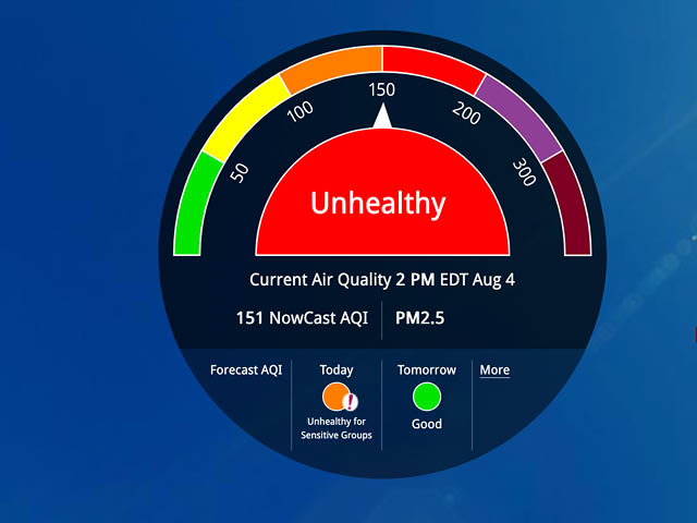 Air Quality warning for 2pm on August 4 in Oswego showing an unhealthy measurement