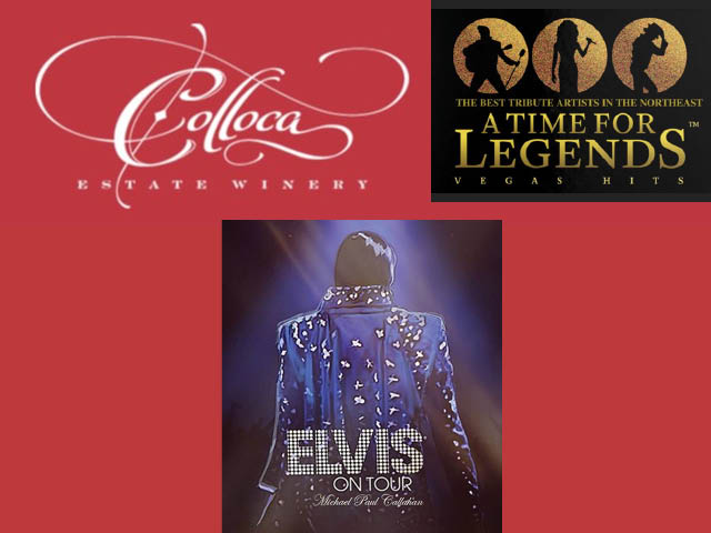 Colloca Estate Winery logo with logo for A Time for Legends and, underneath, a glamor shot of Elvis tribute artist Michael Paul Callahan from behind
