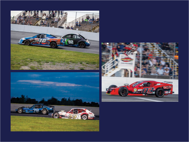 A collage of race cars on the Evans Mills Raceway Park track