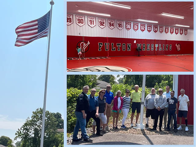 A collage showing the flagpole, the interior of the Fulton Wrestling Club, and the Rotarians and Wrestling Club members who attended the dedication ceremony.