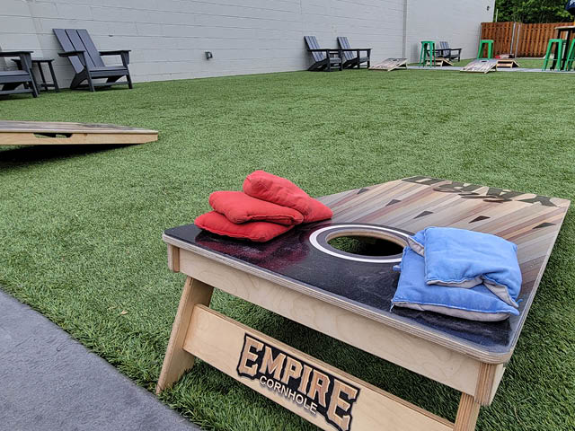 Cornhole boards at the Yard at Lakeview Lanes