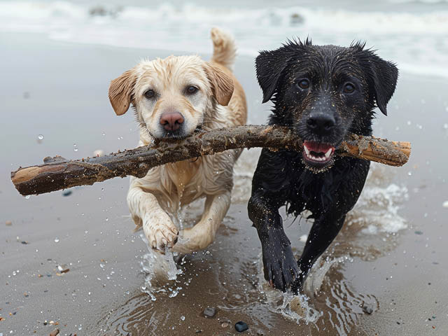 Two dogs (a golden lab and a black lab) sharing a stick while walking out of the water on a beach