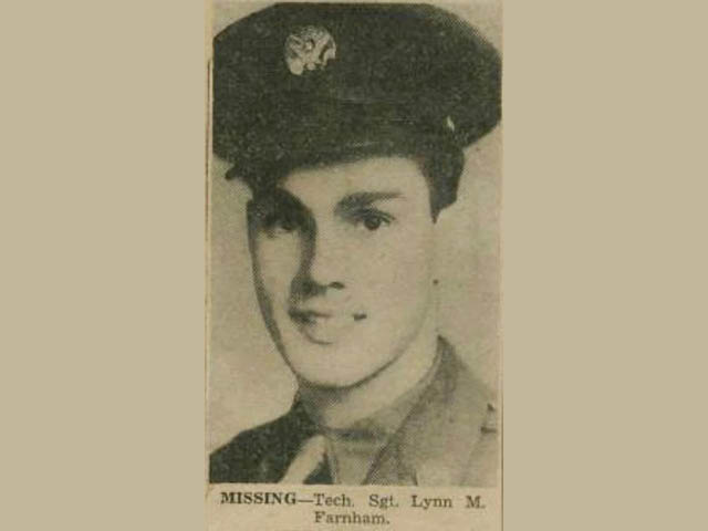 A newspaper clipping showing Tech. Sgt. Farnham and stating that he is missing