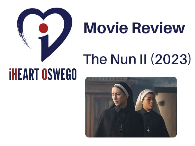 Movie review graphiv with a still from The Nun II (2023)