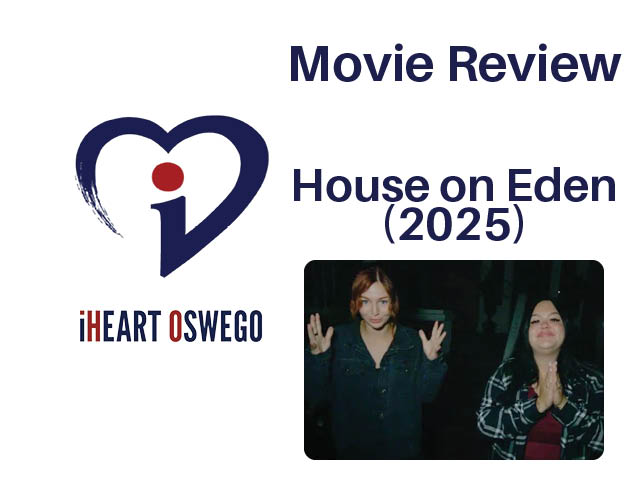Movie review graphic with still from House on Eden 