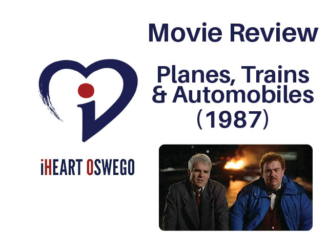Movie review graphic with still from Planes Trains and Automobiles
