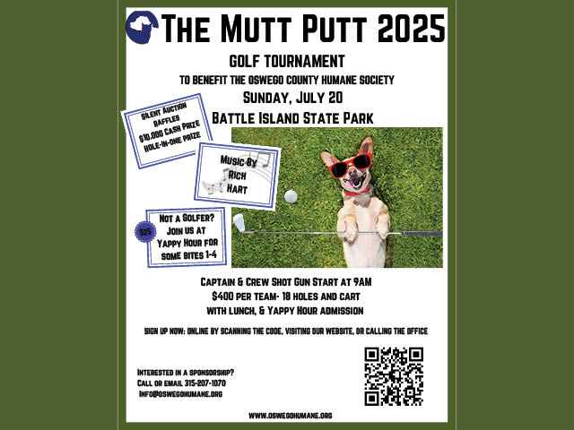 Mutt Putt 2025 flier showing a dog in sunglasses holding a golf club against the grass