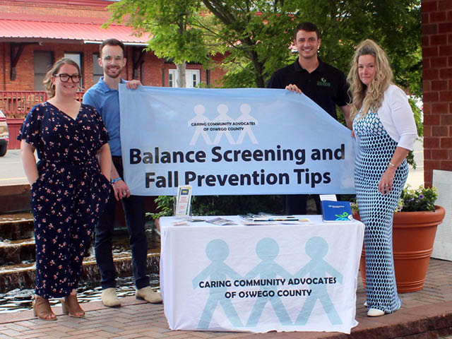 Pictured above, from left, with some of the materials and screening tools that will be available at the upcoming Oswego County Senior Fair are Oswego County Opportunities (OCO) Coordinator of Community Health Joelle Hutson; Kyle McCauley and Dylan Lavner with the Oswego County Prevention Coalition; and Jennifer Rice of CenterWell Home Health.