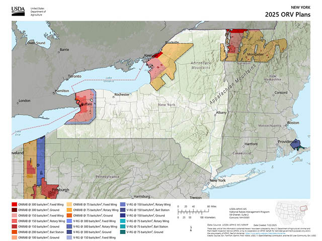 Map showing rabies bait drop locations across NYS