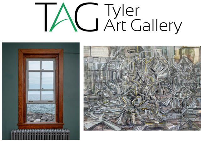 Tyler Art Gallery logo over two pieces of artwork: a photograph of a window in the Oswego Lighthouse and an abstract painting in gray tones