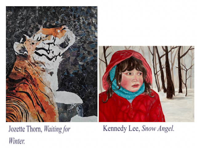 Paintings from the show: a tiger called Waiting for Winter by Jozette Thorn and a girl in a red jacket in a wintry wood called Snow Angel by Kennedy Lee