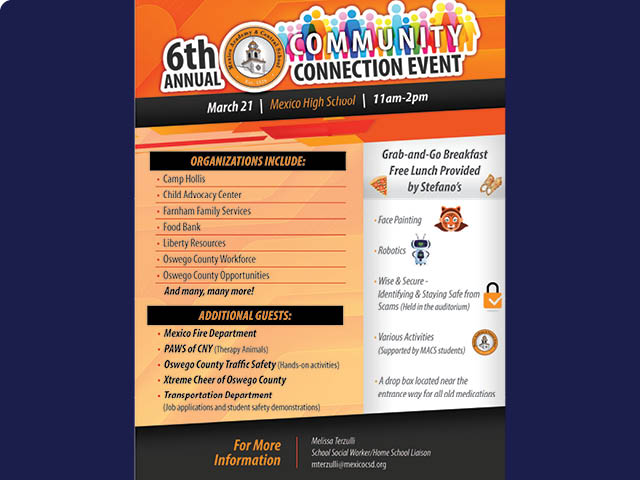 Poster describing the 6th Annual Community Connection Event at Mexico High School