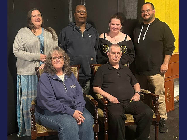 Pictured are the cast of “A Little Murder Never Hurt Anybody” back (l-r): Rebecca Hill Kandt, Troy Pepper, Hannah Kandt, Alex Daniel Velez; front: Tammy Thompson, Richard Heim