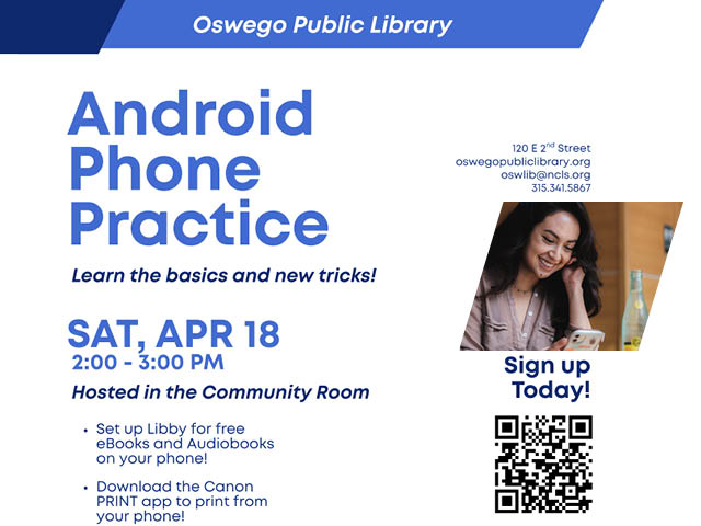 A flyer for the Android phone workshop at Oswego Public Library on April 18