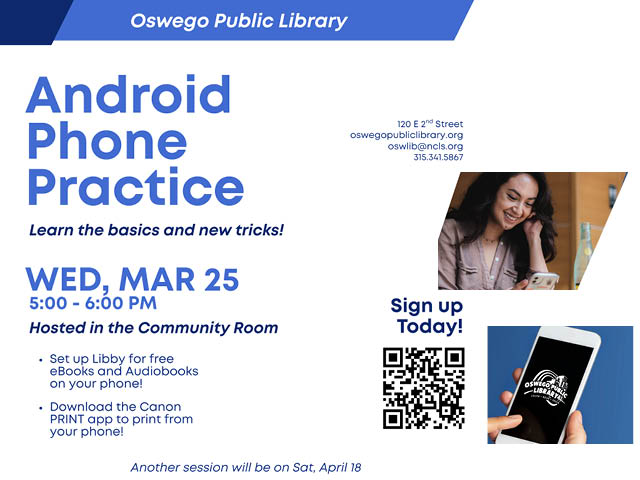 Poster for Android Phone Practice at Oswego Public Library