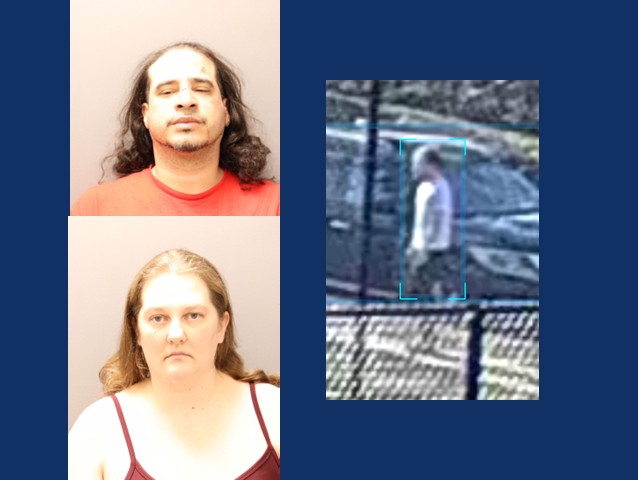 top left: man with should length black hair in orange t-shirt. bottom left; woman with long light brown hair in brown cami top right: man walking in white t-shirt next to fence blurry