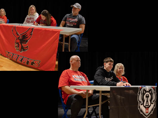 Katie Schick and Derek Rice signing their intent letters with their parents.