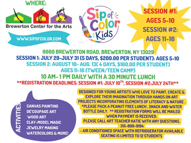 Sip of Color Summer Camp flier from Brewerton Center for the Arts