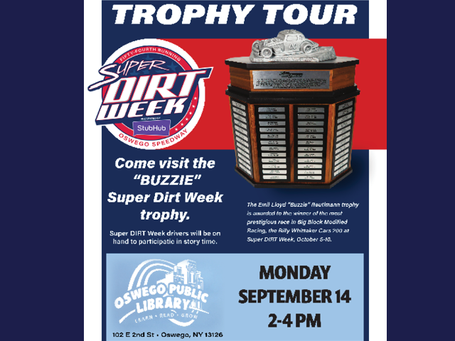 Flier for the Trophy Tour stop at Oswego Public Library on Monday, September 14, from 2 to 4pm