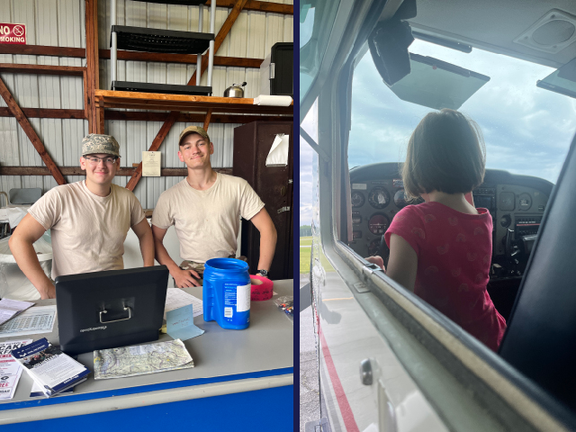 Two side-by-side photos: on the left, two cadets smiling behind a counter. On the right, a young girl in the seat of a parked airplane.