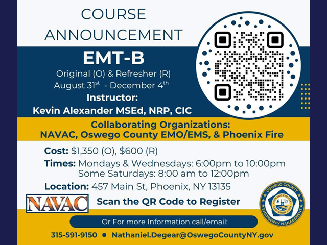 Flier for EMT-B course announcement with QR code at upper right