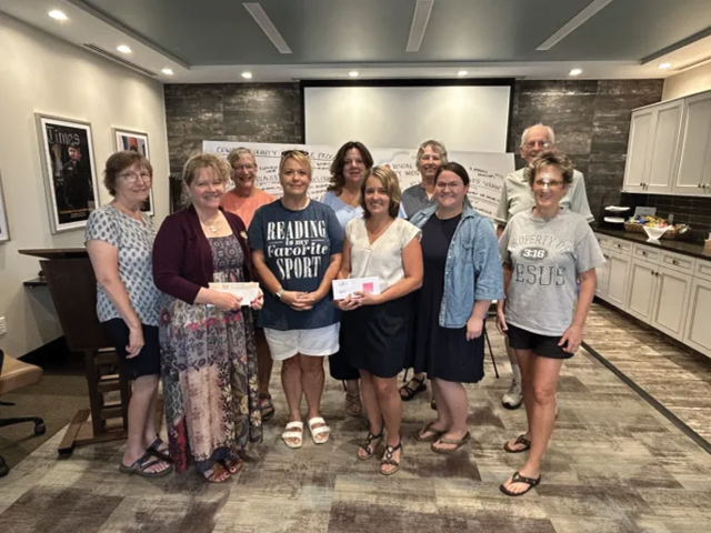 Pictured: Chena Tucker of the Richard S. Shineman Foundation; Sheila Dion of Erin's Angels of CNY; Donna Blake and Eileen DeLoff of the Hannibal Backpack Program; Missy Russell of Blessings in a Backpack Oswego; Al and Carolyn Mosier of Blessings in a Backpack Fulton; Brittany Wallace and Staci Silliman of CiTi BOCES Fueling Futures; and Carla Stelmach of the Mexico Backpack Program.