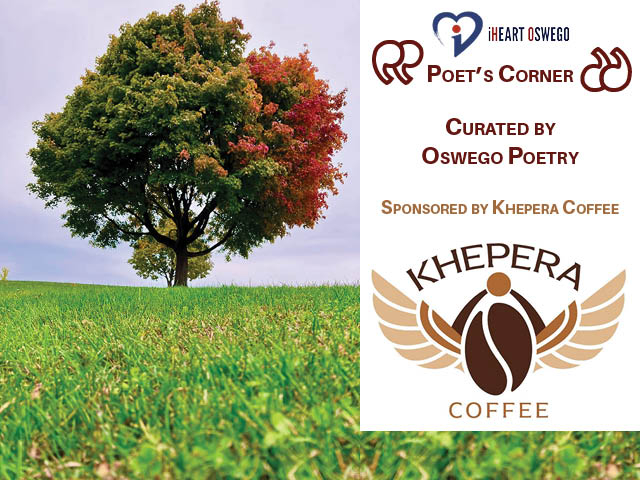 iHeart Oswego Poet's Corner graphic with a photo of a tree whose leaves are starting to change colors. Poet's Corner curated by Oswego Poetry. Sponsored by Khepera Coffee.