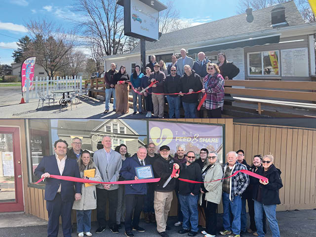Two photos of ribbon cuttings stacked on top of each other