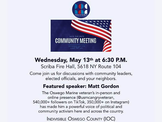 Flyer with details about the upcoming community meeting on May 13th at 6:30pm at the Scriba Fire Hall