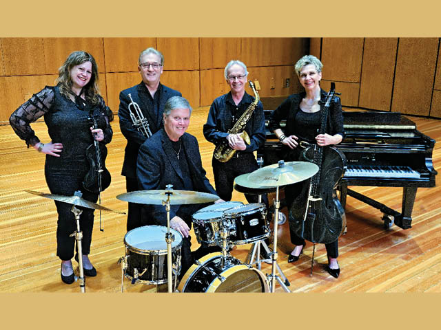 Photo of Monk Rowe’s Five Families Ensemble (L-R):  Liz Ingersoll (violin &amp; vocals), Scott Rutledge (trumpet, flugelhorn &amp; vocals), Monk Rowe (woodwinds &amp; keyboards), Kristen Kopf (cello &amp; baritone sax, (Front): Evan DuChene (percussion).