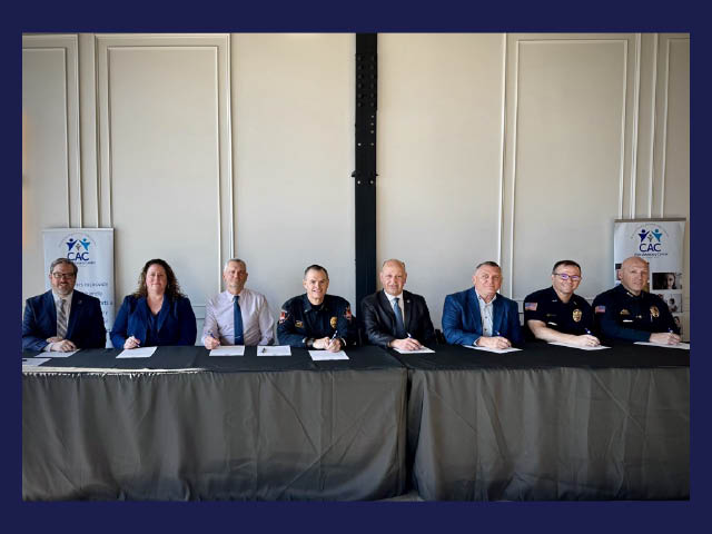 Left to right: Tory DeCaire, Executive Director, Child Advocacy Center of Oswego County; Sara Finley, Deputy Commissioner, Oswego County Department of Social Services; David L. Hall, Director of Probation/STOP-DWI Coordinator; Lt. Brian Klink, Village of Phoenix Police Department; Anthony J. DiMartino Jr., Oswego County District Attorney; Donald Hilton, Oswego County Sheriff; Phillip Cady, Oswego City Chief of Police; and Christian Dempsey, Fulton City Chief of Police.