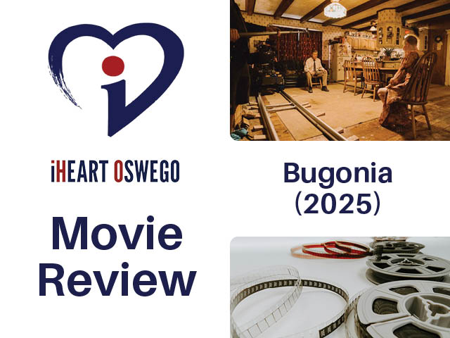 Movie review graphic with still from Bugonia (2025)