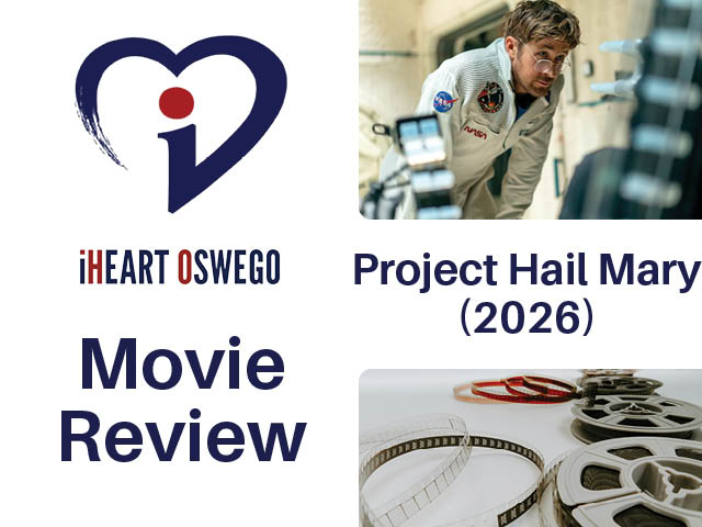 Movie review graphic with still from Project Hail Mary (2026)