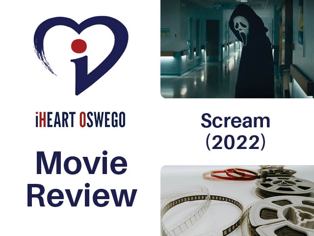 Movie review graphic with still from Scream (2022)