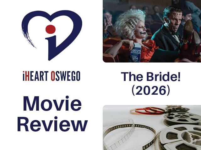 Movie review graphic with still from The Bride! (2026)