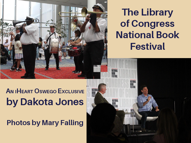 Two photos from the Library of Congress National Book Festival: a band playing on trumpets and drums and an author talking on a stage