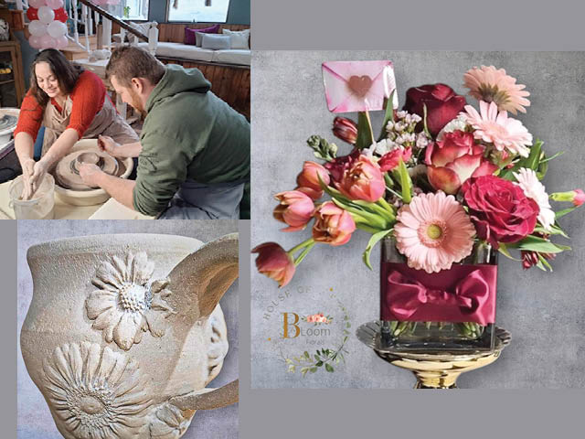 A collage of three images: a pottery throwing class at House of Bloom Floral, a hand-made vase, and a floral arrangement by House of Bloom Florals