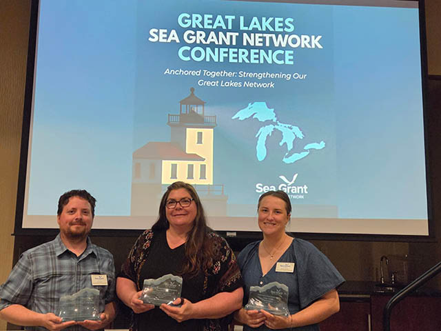 Pictured from left are New York Sea Grant Coastal Processes and Hazards Specialist Roy Widrig, Coastal Community Development Specialist Mary Austerman and Great Lakes Outreach Coordinator Megan Cochran. 