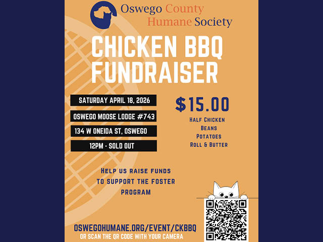 Flyer for the Oswego County Humane Society's Chicken BBQ fundraiser at the Oswego Moose Lodge