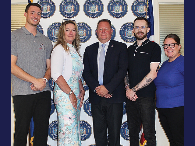 Photo: from left are Dylan Laver of the Oswego County Prevention Coalition Jennifer Rice, Chair of Caring Community Advocates, New York State Senator Christopher Ryan (50th Senate District), Kyle McCauley of the Oswego County Prevention Coalition and Joelle Hutson of Oswego County Opportunities (OCO).