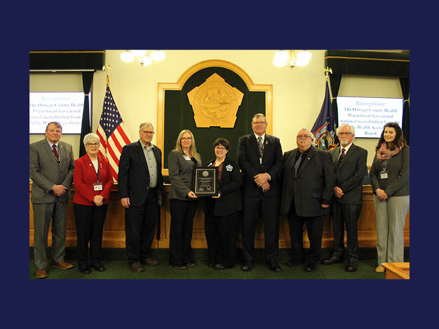 Pictured from left are Committee Vice Chairman Roy E. Reehil, District 5; Dorothy Caldwell, District 17; Richard Kline, District 12; Oswego County Public Health Director Vera Dunsmoor; Principal Accountant Jennifer Lamphere; Committee Chairman Paul House, District 8; Lee B. Walker, Jr., District 15; Michael Solowy, District 23; and Gena Bartlett, District 24. 
