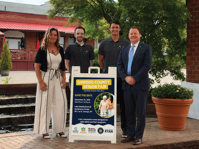 Above from left are Jennifer Rice, chair of Caring Community Advocates, Kyle McCauley and Dylan Laver of the Oswego County Prevention Coalition, and New York State Senator Christopher Ryan (50th Senate District).