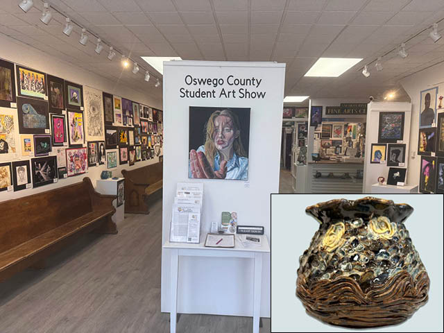 Photo of the gallery during the student art show with an inset photo of best in show piece at lower right