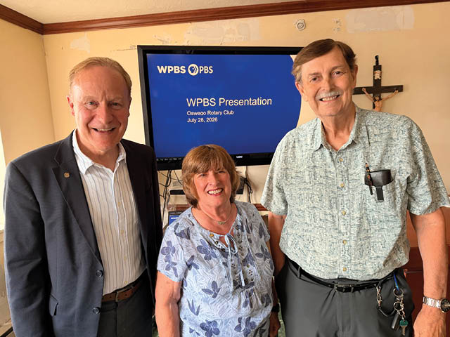 Pictured are Mark Preshun, WPBS, Sabine Ingerson, Oswego Rotary Club President, Rotarian David Granoff