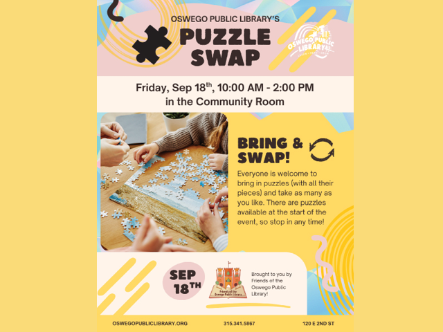Flier for the puzzle swap at Oswego Public Library on Sept. 18 from 10am to 2pm in the community room