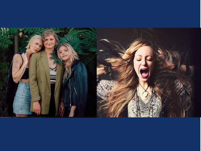 First picture is a trio of blonde woman standing close to each other. Left is woman in jean shorts with black short cami, middle woman with short hair in green cardigan with striped shirt beneath it, and woman on right with long blonde hair in blue top. Secong pic shows a woman with long brown hair flying around her ,eyes closed, mouth wide open,