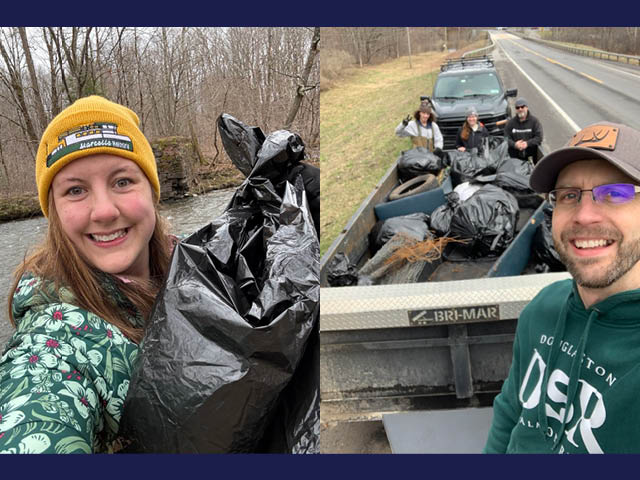 Pictured (left) is Stacy Furgal of New York Sea Grant filling a trash bag. Pictured (right) are Garrett Brancy of Douglaston Salmon Run with his crew loading trash bags into a trailer. 