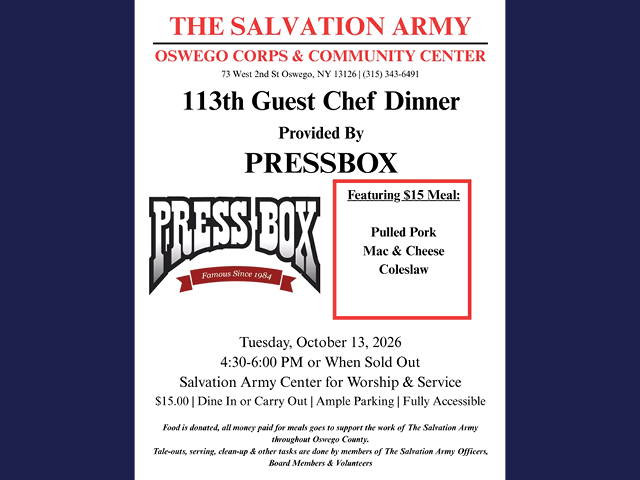Press Box to Host Next Dinner at The Salvation Army of Oswego