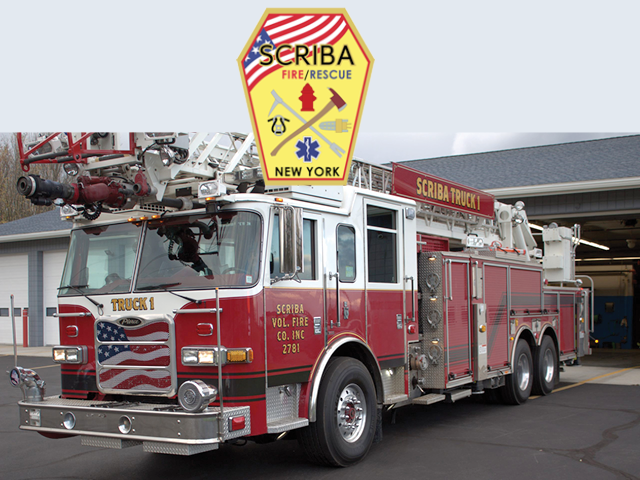 Scriba Fire Truck with the Scriba Fire Rescue logo superimposed over the top half of the photo