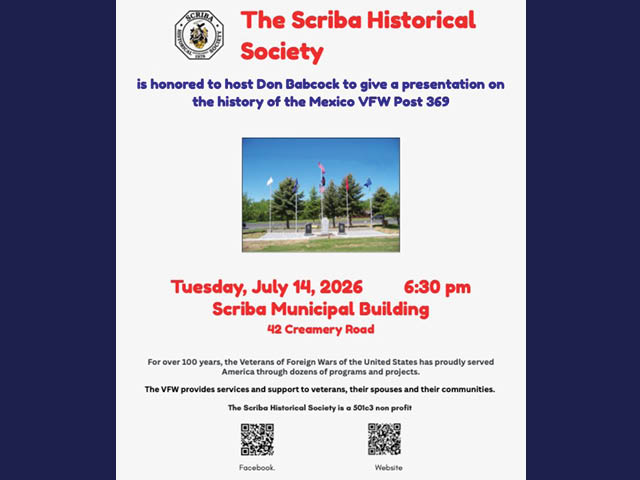 Flier for the Scriba Historical Society's July 14 event by Don Babcock on the history of the Mexico VFW Post 369